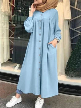 ゆったり女性のヘジャブシャツドレスのムスリムのドレス長袖マキシVestidos女性ボタンのローブンMusulman高Wasit固体Sundress