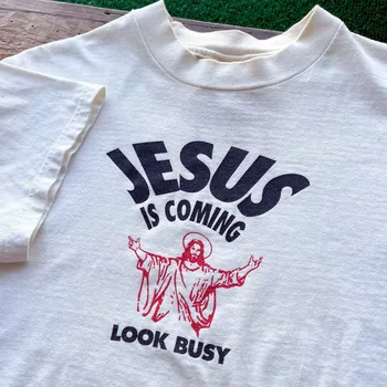 イエスは見忙しい印刷ヴィンテージスタイル兼用白色ショートスリーブトップス活動する傍ら夏純綿キリスト教のTシャツ