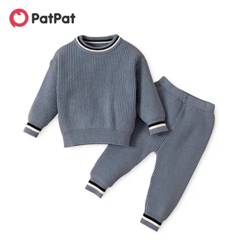 PatPat2個入り)(鉄道模型赤ちゃんの少女と女の子のカジュアルの固体縞装飾がセットの編集長袖のベビー服セット