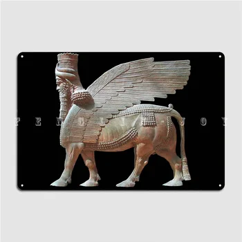 Assyriaアッシリアの人へ翼のブルLamassu像を黒色ポスター金属盾壁の洞窟壁面装飾すずサインポスター